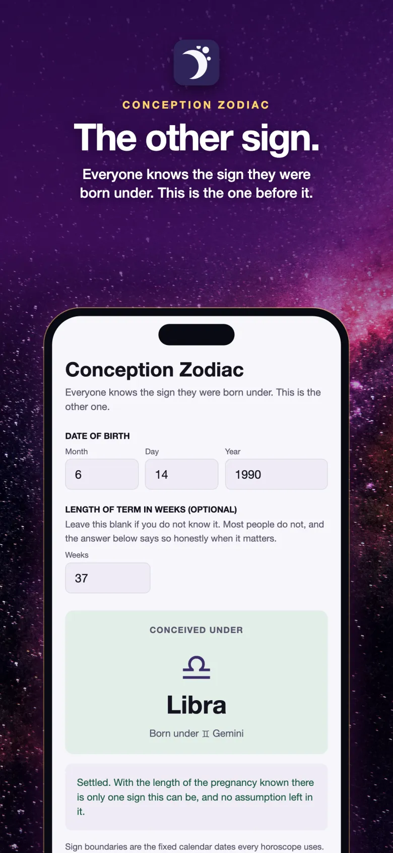 Conception Zodiac, screen 1 of 3