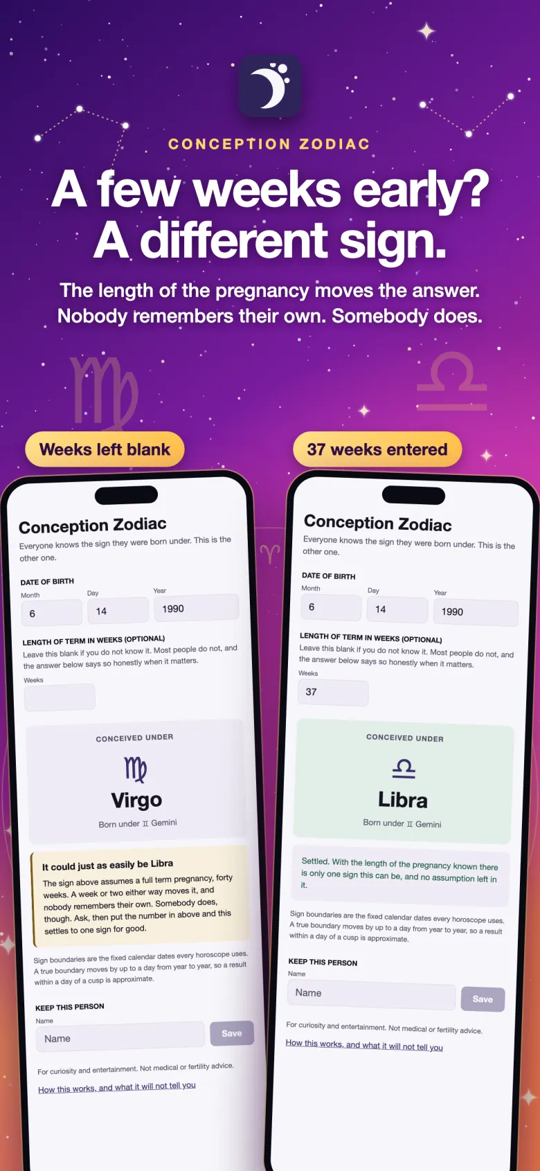 Conception Zodiac, screen 2 of 3